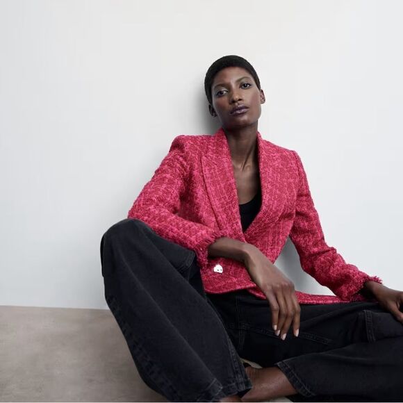 Mango Tweed Blazer Buttons Fuchsia New - Picture 7 of 9